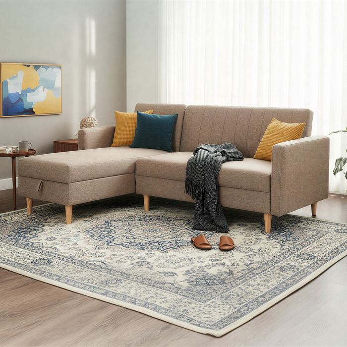 Beige L-shape sofa on a patterned rug