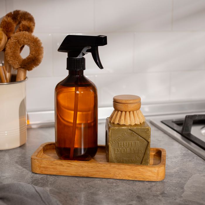Cleaning brushes and spray bottles on a kitchen counter