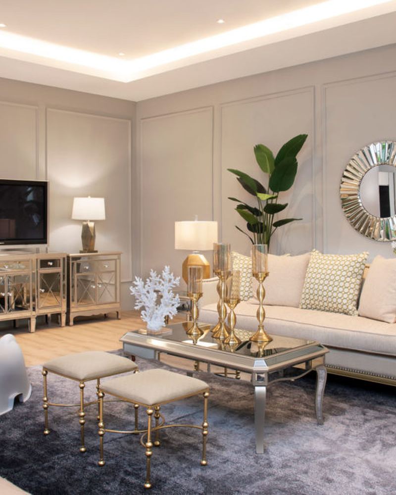 Sleek modern living room with slatted wood panelling