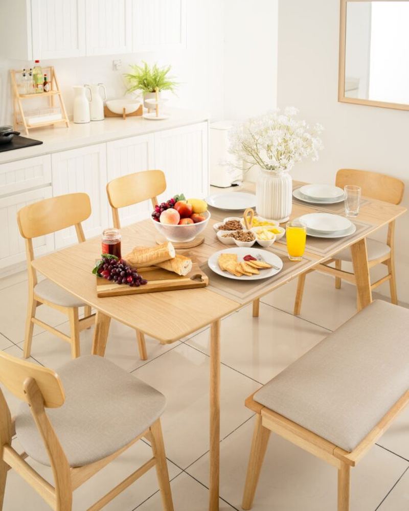 Minimalist dining room with natural textures