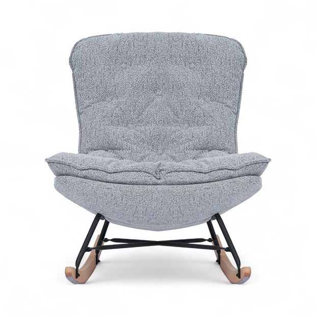 Grey upholstered rocking chair with wooden runners