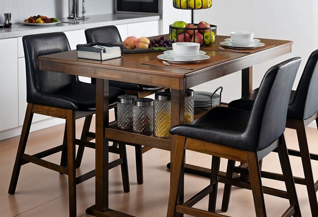 Dining table and chairs in a warm kitchen
