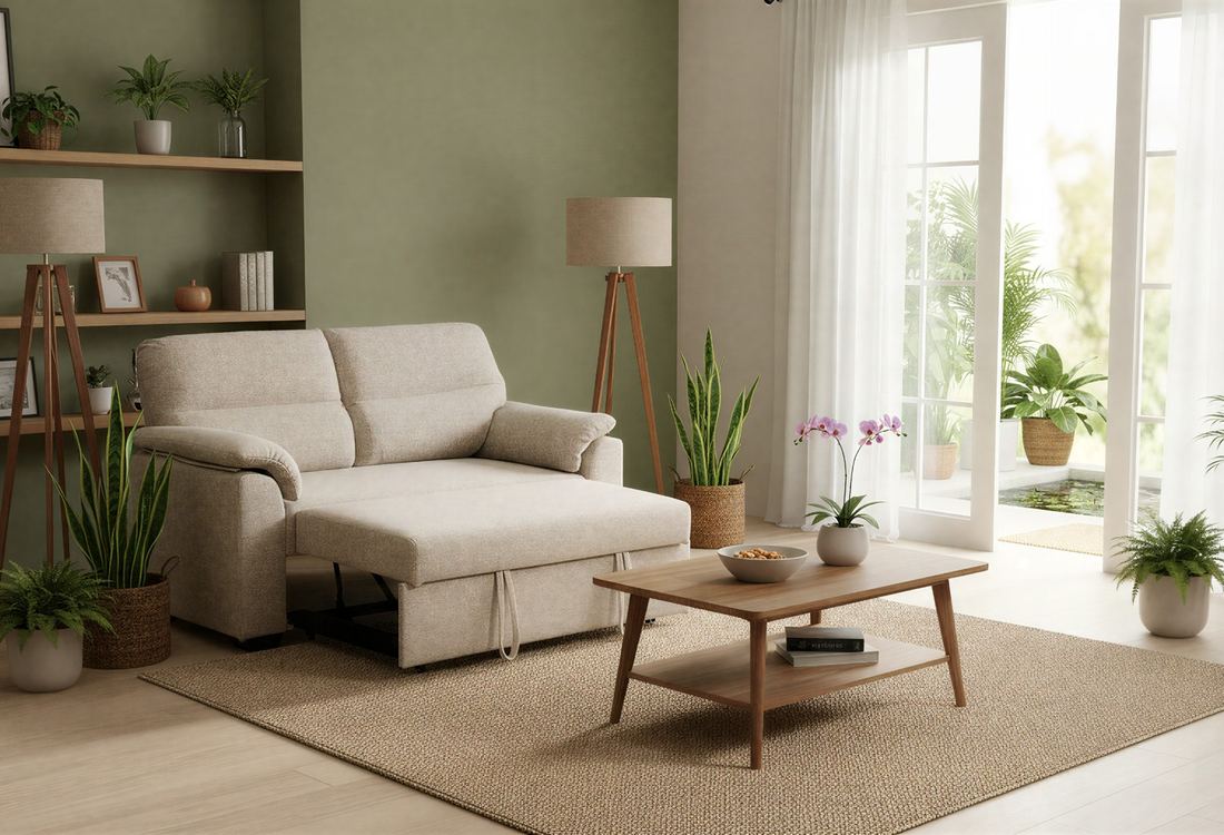 Neutral living room with a beige sofa and plants